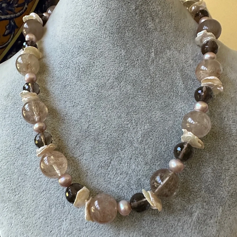 Zoe B 14K gold set cultured pearls topaz rutilated quartz necklace + earrings